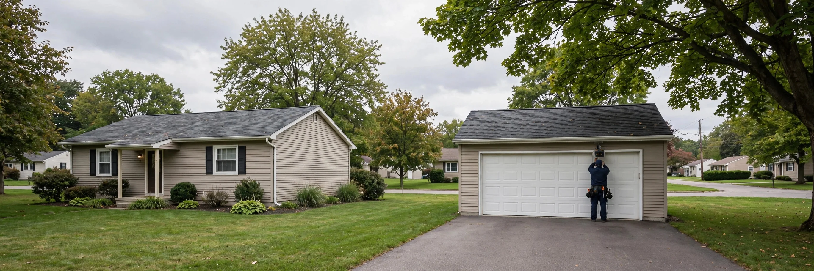 Garage door technician repairing a white raised-panel garage door at a well-kept ranch home in Erie, Pennsylvania